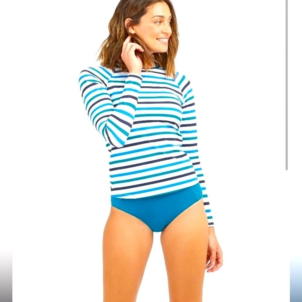 SPANX Swim Shirt Rashguard Ocean Stripe Coastal Blue Long Sleeve Top NWT Sz S